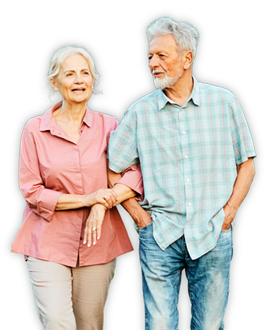 An older couple waking together